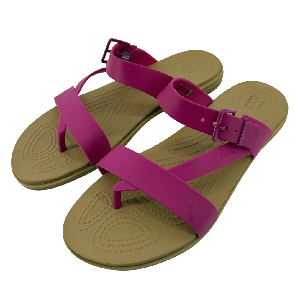 Crocs Tulum Toe Post Sandal Flip Flop Fuchsia Pink Tan Women 10 Buckle Straps
